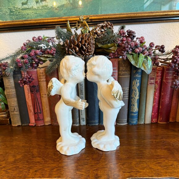 2 Vintage Angel Babies standing on clouds with Gold Tip Wings - Picture 3 of 14